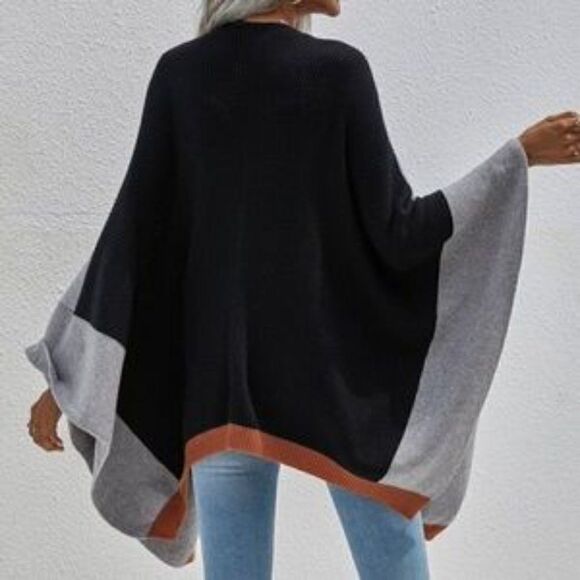 Cozy Grey Black Oversized Open front Shawl Poncho - Picture 3 of 9